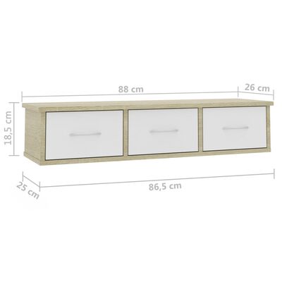 vidaXL Półka ścienna z szufladami, biel i dąb sonoma, 88x26x18,5 cm