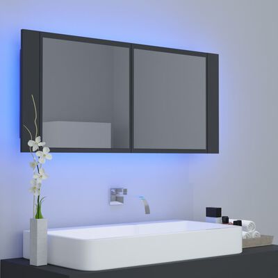 vidaXL Szafka łazienkowa z lustrem i LED, szara, 100x12x45 cm, akryl