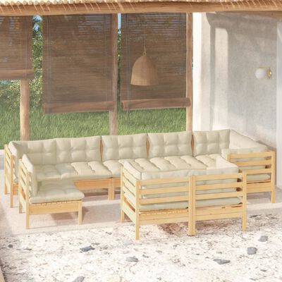 vidaXL 9-cz. zestaw wypoczynkowy do ogrodu, kremowe poduszki, sosnowy