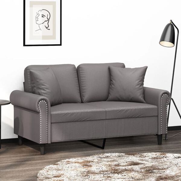 vidaXL 2-osobowa sofa z poduszkami, szara, 120 cm, sztuczna sk&oacute;ra