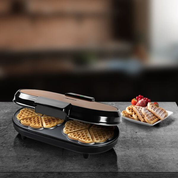 Bestron Podw&oacute;jna gofrownica ADWM730CO, serca, 1200 W, czerń i miedź