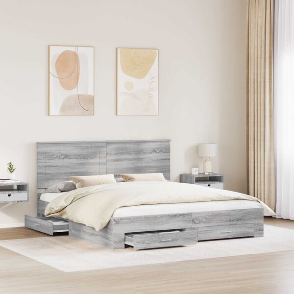 vidaXL Ramka ł&oacute;żka Szary Sonoma 200 x 200 cm Materiał drewnopochodny