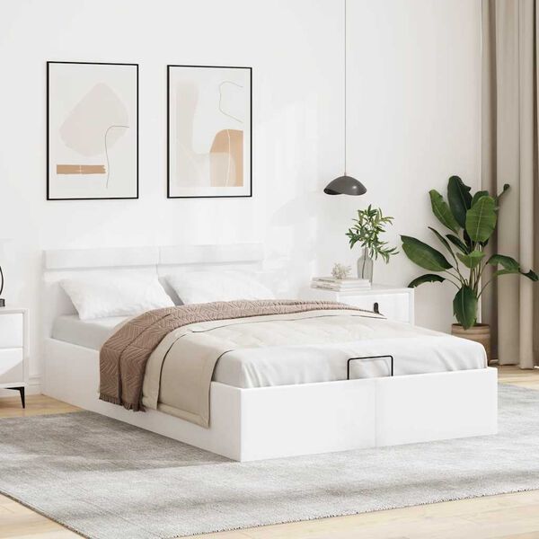 vidaXL Rama ł&oacute;żka z podnośnikiem i LED, biała, ekosk&oacute;ra, 140 x 200 cm