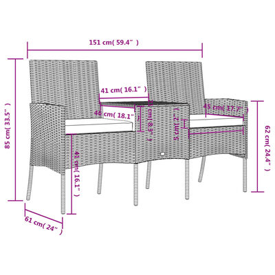 vidaXL 2-osobowa sofa ogrodowa ze stolikiem, polirattan, antracytowa