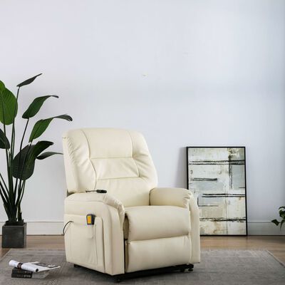 vidaXL Rozkładany fotel masujący, podnoszony, kremowy, sztuczna skóra