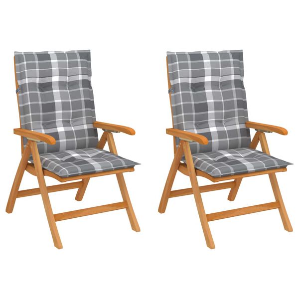 vidaXL Krzesła ogrodowe, 2 szt., z poduszkami w szarą kratę, tekowe