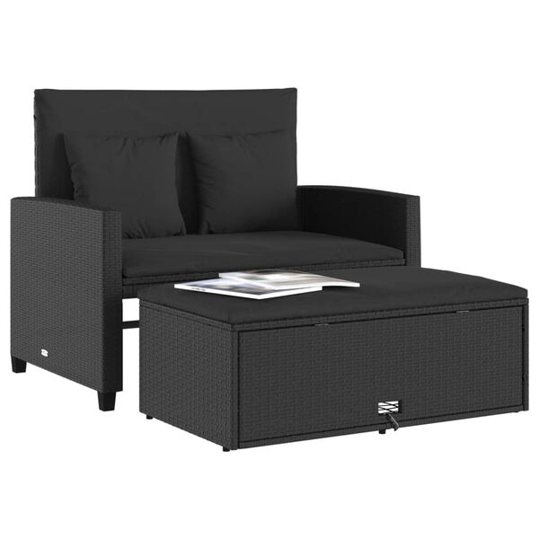 vidaXL Sofa ogrodowa z poduszkami, 2-osobowa, czarna, polirattan