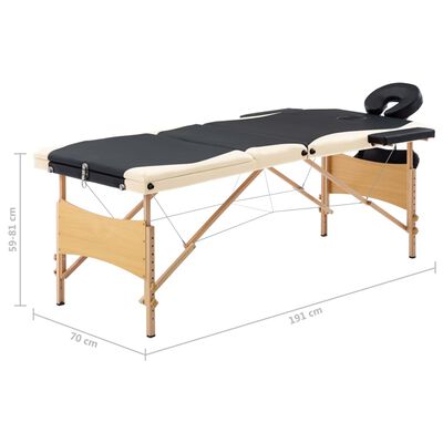 vidaXL Składany stół do masażu, 3-strefowy, drewniany, czarno-beżowy