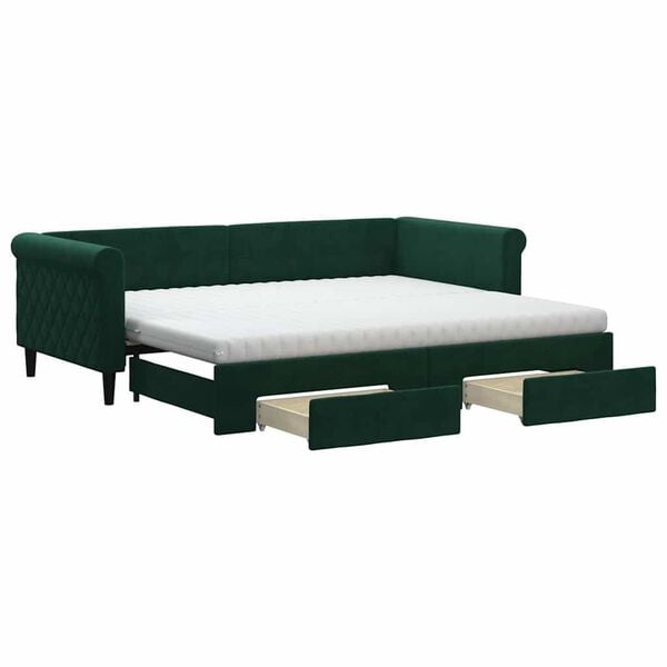 vidaXL Sofa rozsuwana z szufladami, ciemnozielona, 90x200 cm, aksamit