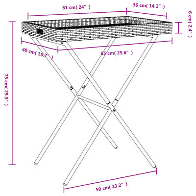 vidaXL Składany stolik z tacą, beżowy, 65x40x75 cm, polirattan