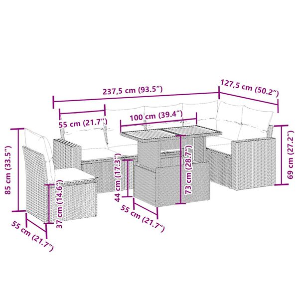 vidaXL 7-cz. zestaw wypoczynkowy do ogrodu, z poduszkami, beżowy