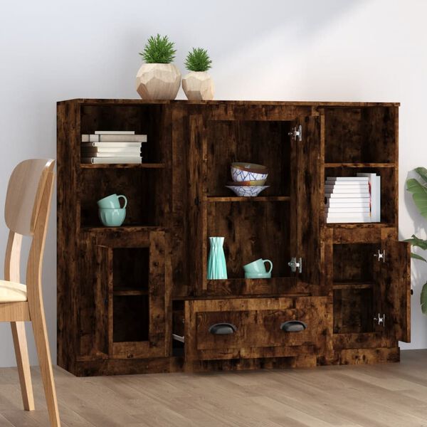 vidaXL Wysokie szafki, 3 szt, przydymiony dąb, materiał drewnopochodny