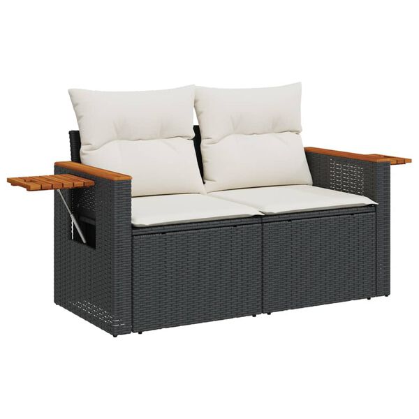 vidaXL Sofa ogrodowa z poduszkami, 2-osobowa, czarna, polirattan
