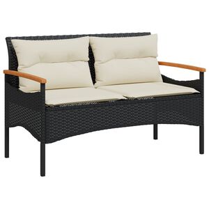 vidaXL Ławka ogrodowa z poduszkami, 116x62,5x74 cm, czarna, polirattan