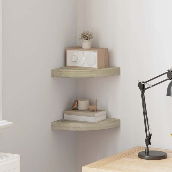 vidaXL Narożne p&oacute;łki ścienne, 2 szt., kolor dębowy, 25x25x3,8 cm, MDF