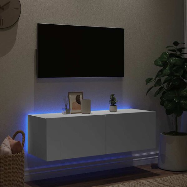 vidaXL Ścienna szafka TV z LED, biała, 100x35x31 cm