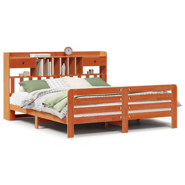 vidaXL Ł&oacute;żko z regałem, bez materaca, woskowy brąz, 200x200cm, sosnowe