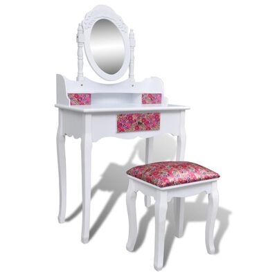 vidaXL Toaletka z lustrem i stołkiem, wzór w kwiaty