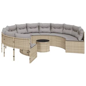 vidaXL Sofa ogrodowa, stolik i poduszki, okrągła, beżowy rattan PE