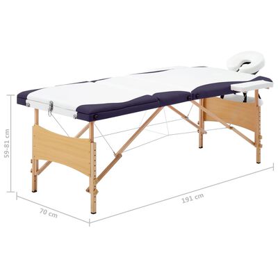 vidaXL Składany stół do masażu, 3 strefy, drewniany, biało-fioletowy