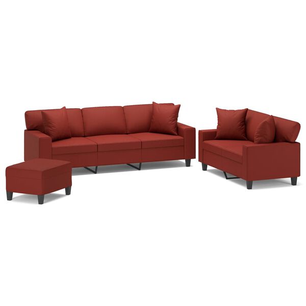 vidaXL 3-cz. zestaw wypoczynkowy, poduszki, bordowy, sztuczna sk&oacute;ra