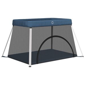 vidaXL Kojec dla dziecka z materacem, granatowy, lniana tkanina