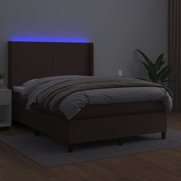 vidaXL Ł&oacute;żko kontynentalne z materacem i LED, brąz, ekosk&oacute;ra 140x190cm
