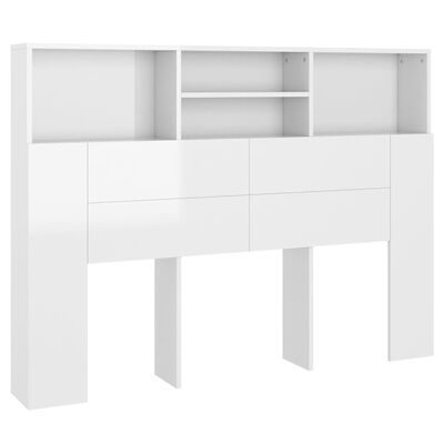 vidaXL Wezgłowie łóżka z półkami, biel z połyskiem, 140x19x103,5 cm