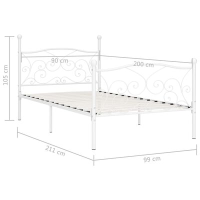 vidaXL Rama łóżka ze stelażem z listw, biała, metalowa, 90 x 200 cm