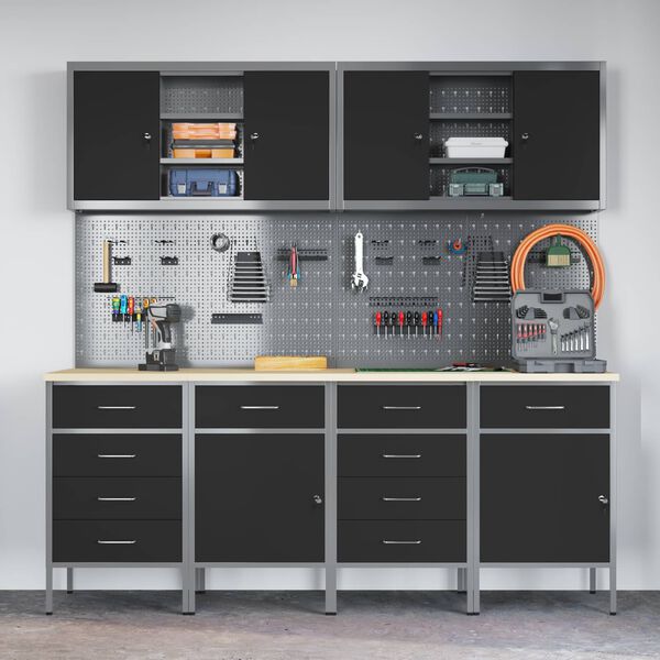 vidaXL Szafka robocza 10 pcs Czarny Drewno inżynieryjne i stal