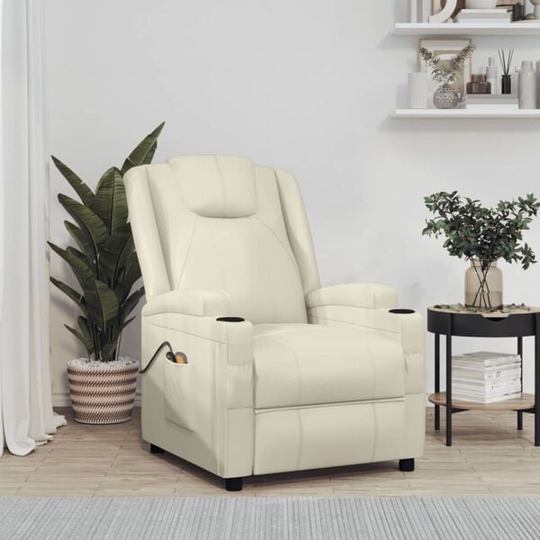 vidaXL Elektryczny fotel masujący, kremowy, obity sztuczną sk&oacute;rą