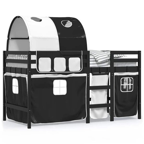 vidaXL Dziecięce ł&oacute;żko na antresoli, z tunelem, biało-czarne, 90x190cm