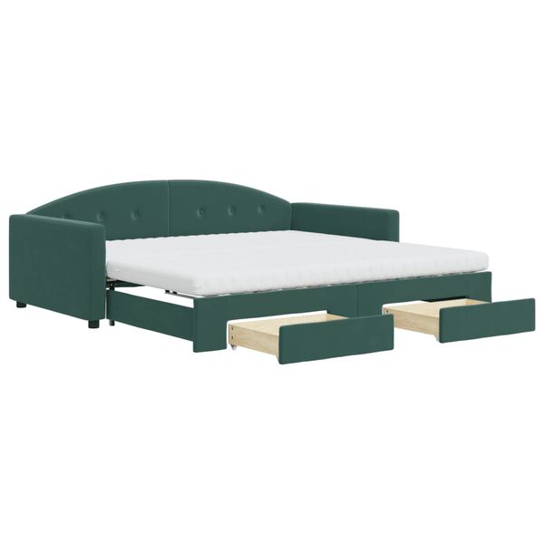 vidaXL Sofa rozsuwana z szufladami, ciemnozielona, 100x200 cm, aksamit