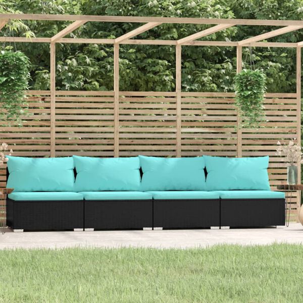 vidaXL 4-osobowa sofa ogrodowa z poduszkami, czarna, polirattan