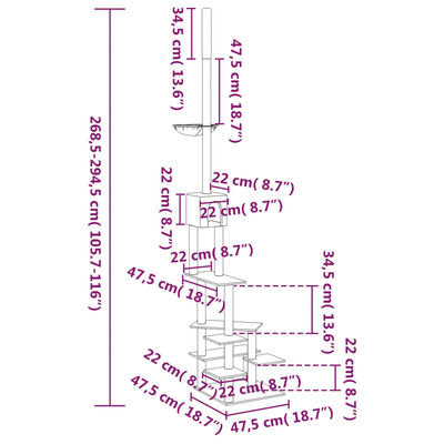 vidaXL Drzewko dla kota, do sufitu, ciemnoszare, 268,5-294,5 cm