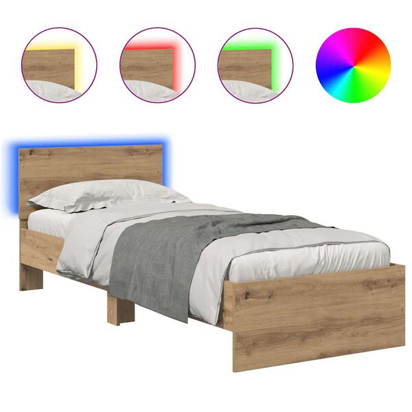 vidaXL Ramka ł&oacute;żka Ze LED Lights Dąb rzemieślniczy 75 x 190 cm