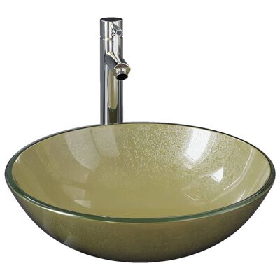 vidaXL Umywalka łazienkowa z kranem i korkiem, złota, szkło hartowane