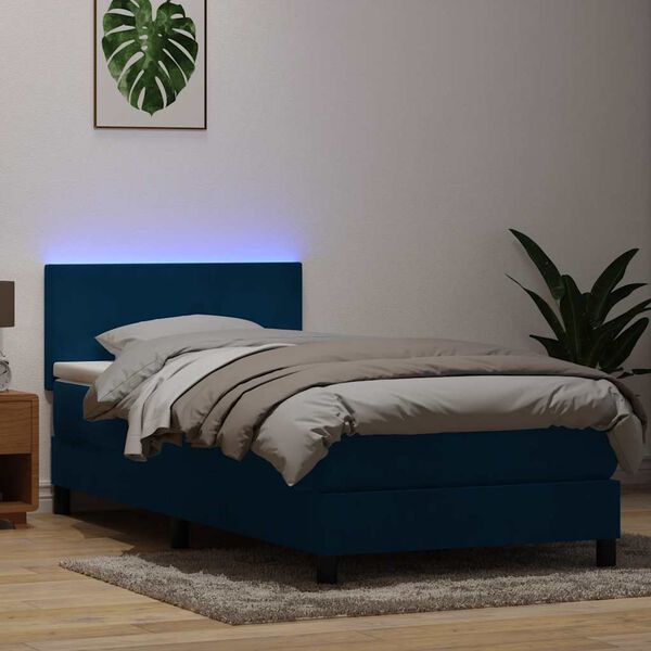 vidaXL Ł&oacute;żko kontynentalne z materacem i LED, niebieskie, aksamit, 90x210 cm
