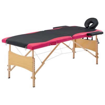 vidaXL Składany stół do masażu, 2-strefowy, drewniany, czarno-różowy