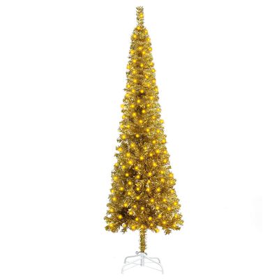 vidaXL Smukła, sztuczna choinka z lampkami, złota, 150 cm