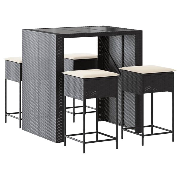 vidaXL 5-cz. zestaw mebli barowych z poduszkami, czarny polirattan