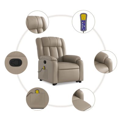 vidaXL Podnoszony fotel masujący, rozkładany, cappuccino, ekoskóra