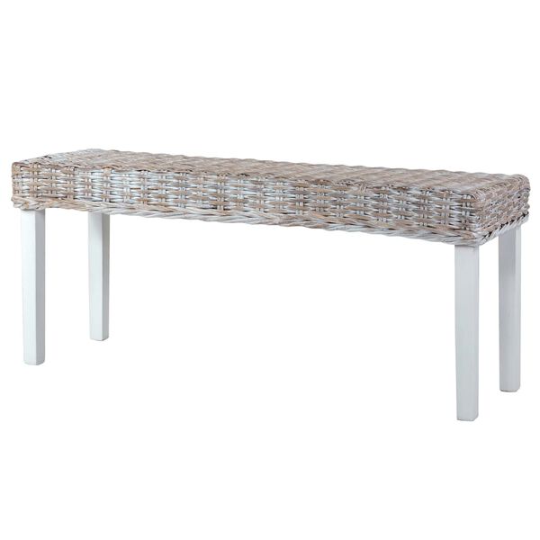 vidaXL Ławka, 110 cm, biała, rattan kubu i lite drewno mahoniowe