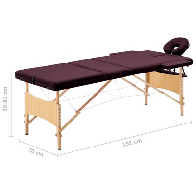 vidaXL Składany stół do masażu, 3-strefowy, drewniany, winny fiolet
