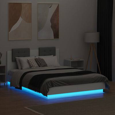 vidaXL Rama łóżka z wezgłowiem i LED, biała, 120x190 cm
