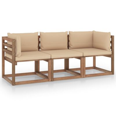 vidaXL Ogrodowa sofa 3-os. z palet, z beżowymi poduszkami, sosna