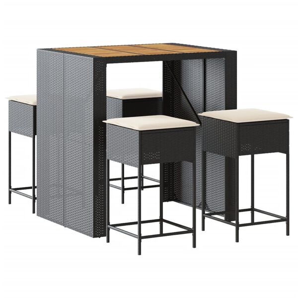 vidaXL 5-cz. zestaw mebli barowych z poduszkami, czarny polirattan