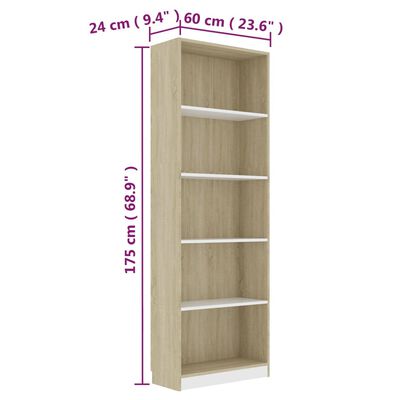 vidaXL 5-poziomowy regał na książki, biel i dąb sonoma, 60x24x175 cm