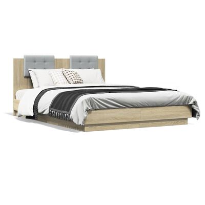 vidaXL Rama łóżka z wezgłowiem i LED, dąb sonoma, 150x200 cm