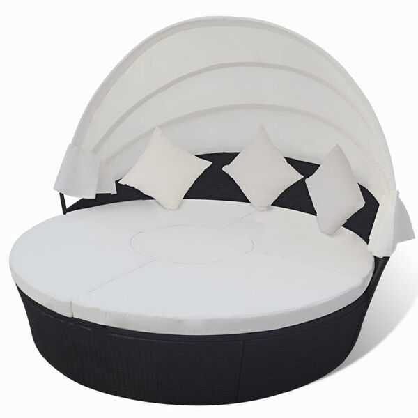 vidaXL Ł&oacute;żko ogrodowe z baldachimem, polirattan, czarne